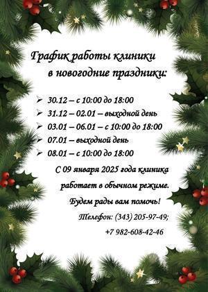 График работы клиники в новогодние праздники: 30.12 – с 10:00 до 18:00, 31.12 – 02.01 – выходной день, 03.01 – 06.01 – с 10:00 до 18:00, 07.01 – выходной день, 08.01 – с 10:00 до 18:00. С 09 января 2025 года клиника работает в обычном режиме. Будем рады вам помочь! Телефон: +7 (343) 205-97-49; +7 982-608-42-46.