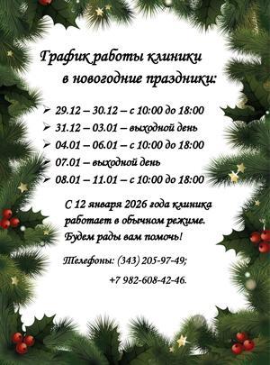 График работы клиники в новогодние праздники: 29.12 – 30.12 – с 10:00 до 18:00, 31.12 – 03.01 – выходной день, 04.01 – 06.01 – с 10:00 до 18:00, 07.01 – выходной день, 08.01 – 11.01 – с 10:00 до 18:00. С 12 января 2026 года клиника работает в обычном режиме. Будем рады вам помочь! Телефон: +7 (343) 205-97-49; +7 982-608-42-46.